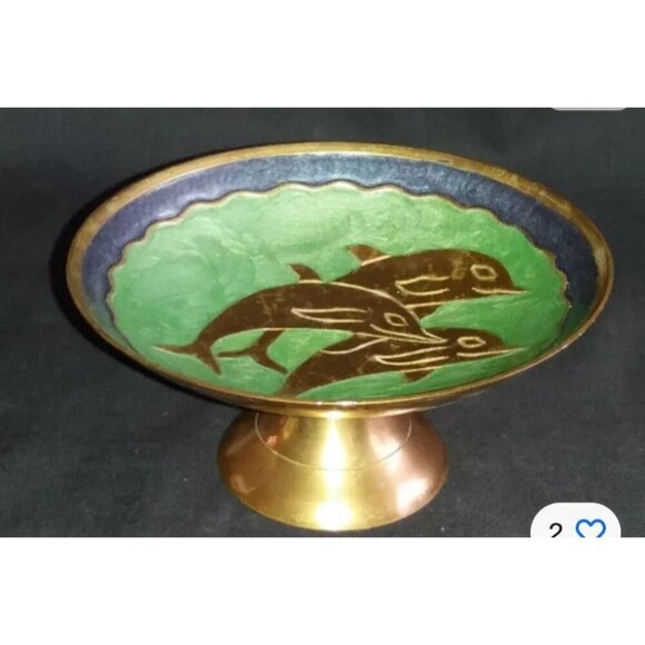 Vintage Pedestal Enamel Brass Trinket Dish with Dolphin Scene 5.5" - Picture 1 of 6